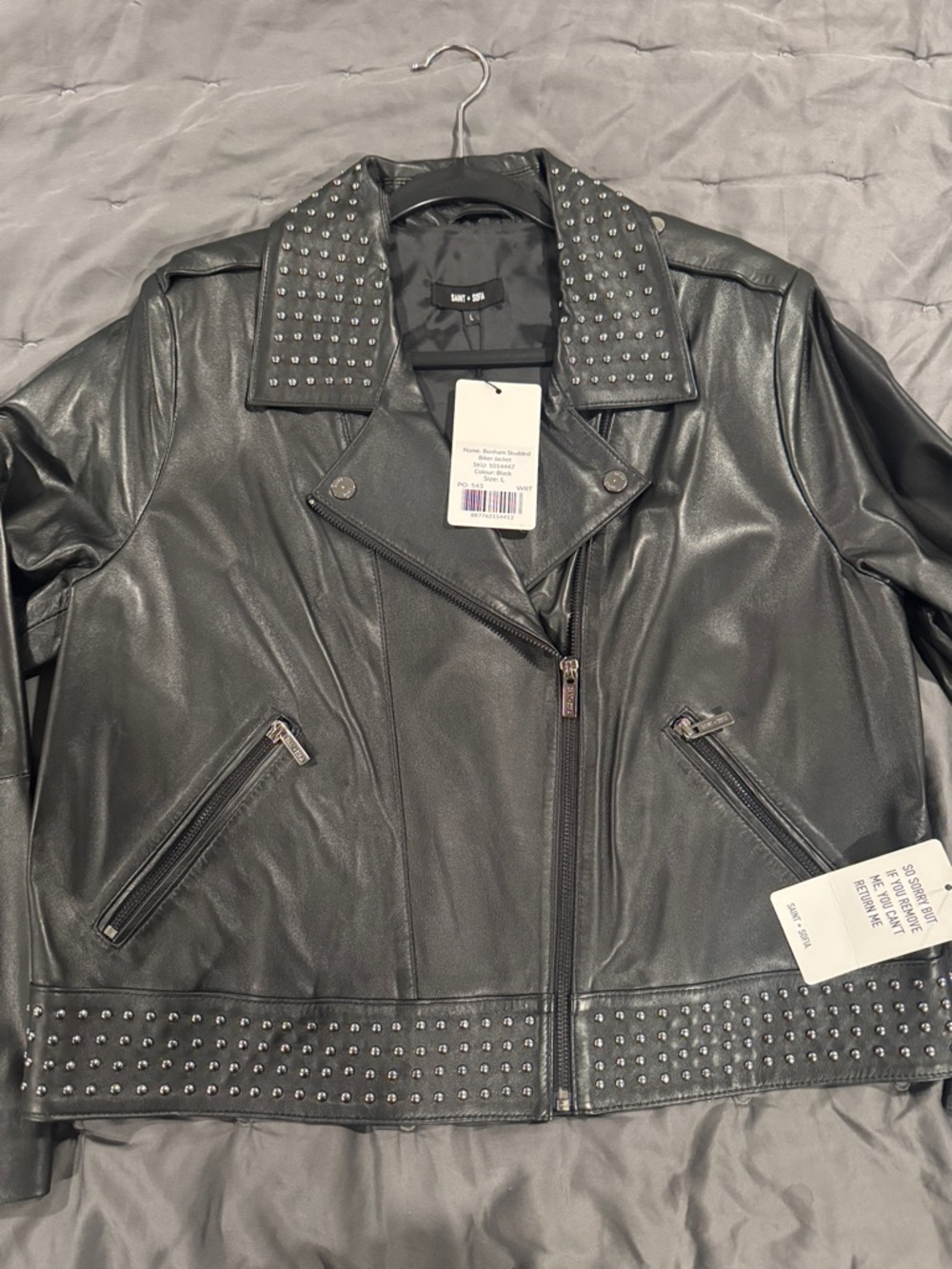 Saint + Sofia Large L Black Studded Leather Moto Jacket NWT